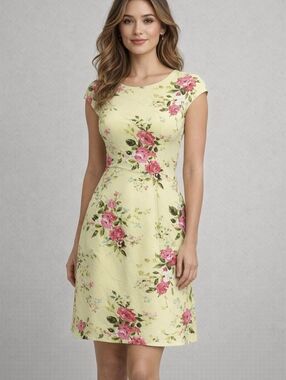 Studio One Yellow Midi Dress with Pink Rose Print